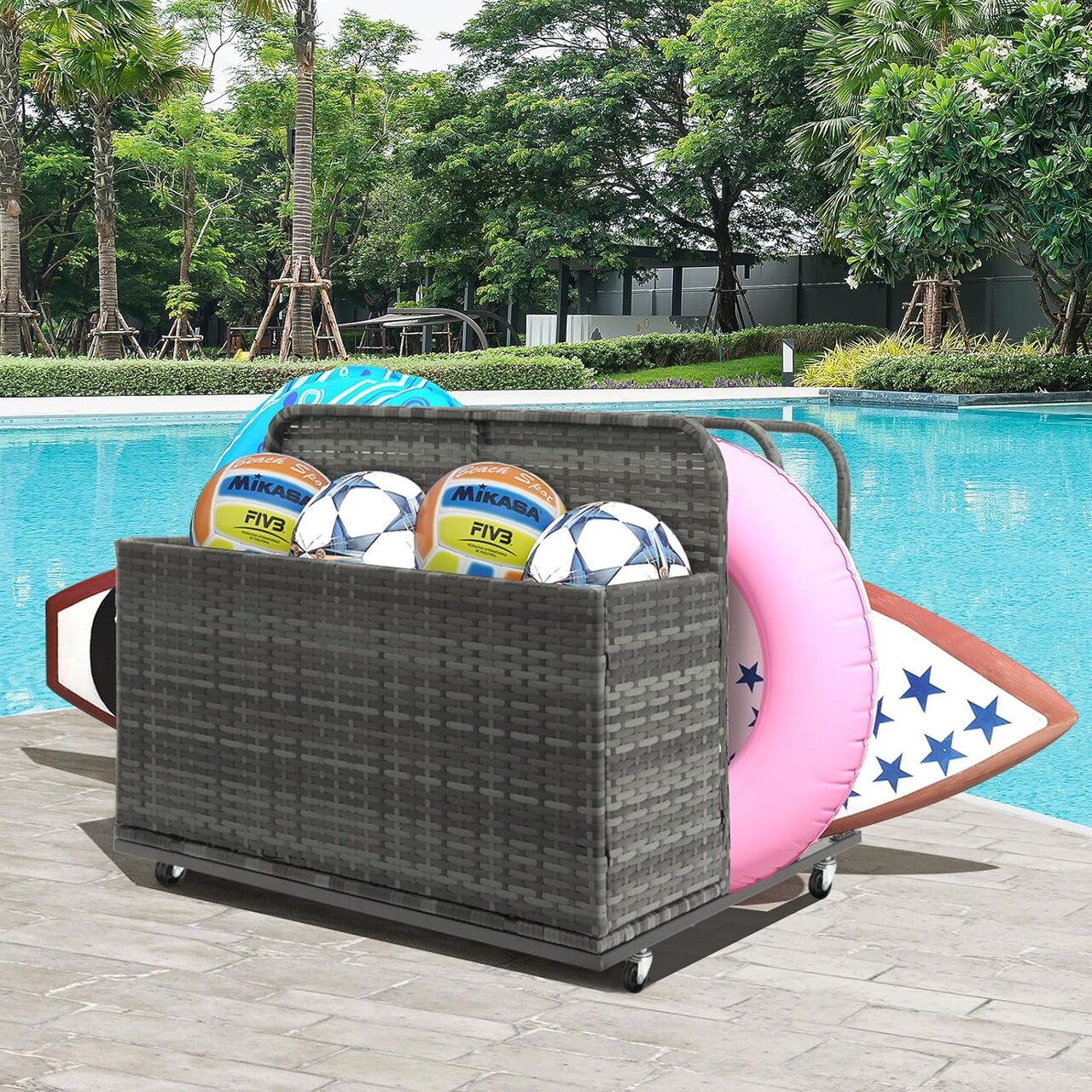 Pool Float Storage Box Outdoor Rolling Poolside Storage Basket Organizer for Patio PE Rattan Pool Caddy with Wheels for Cushions, Floaties, Noodles, Life Vests, Beach Balls, Toys